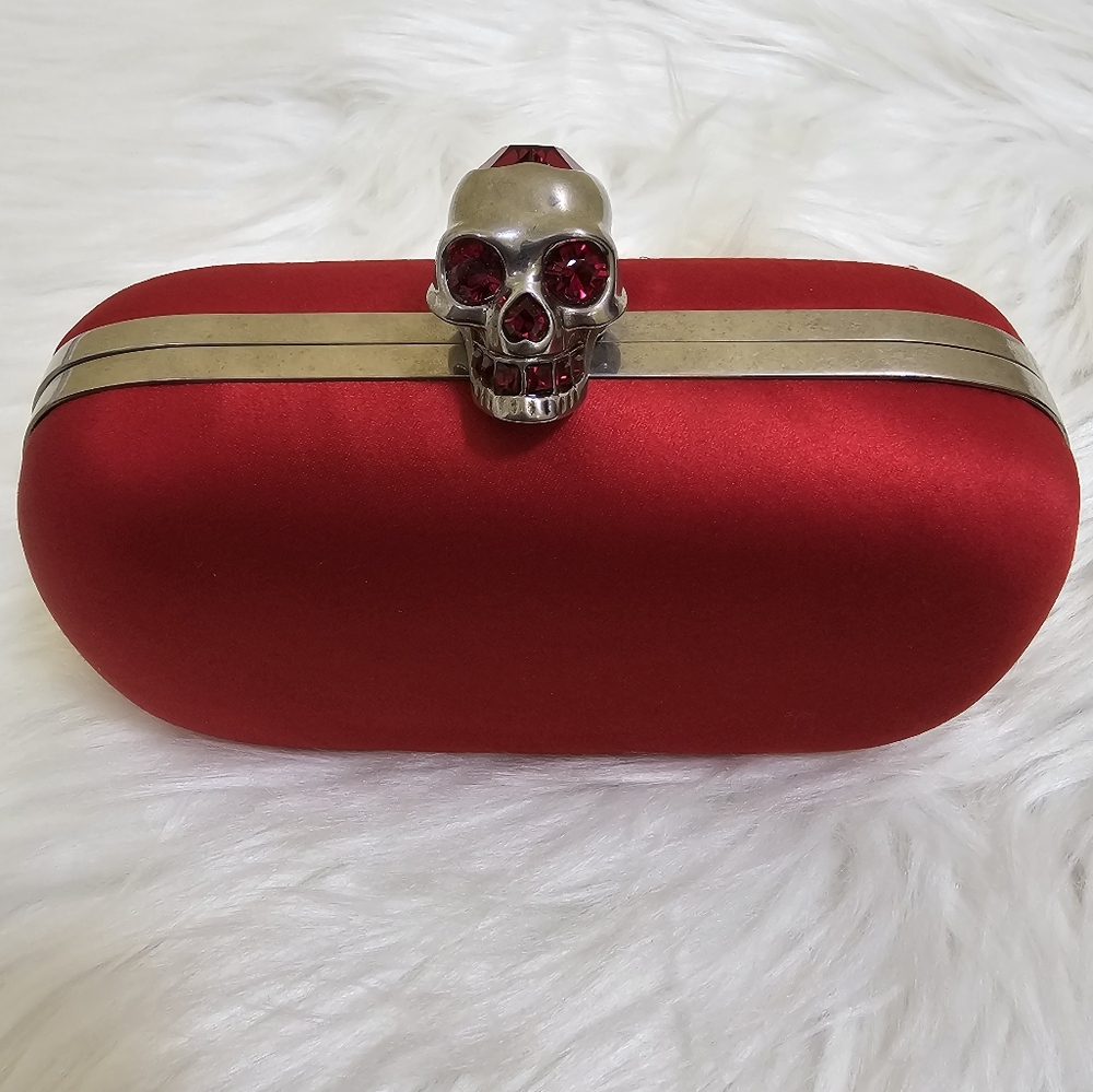 Alexander McQueen Red Silk Heart Skull Box Clutch Limited Edition
